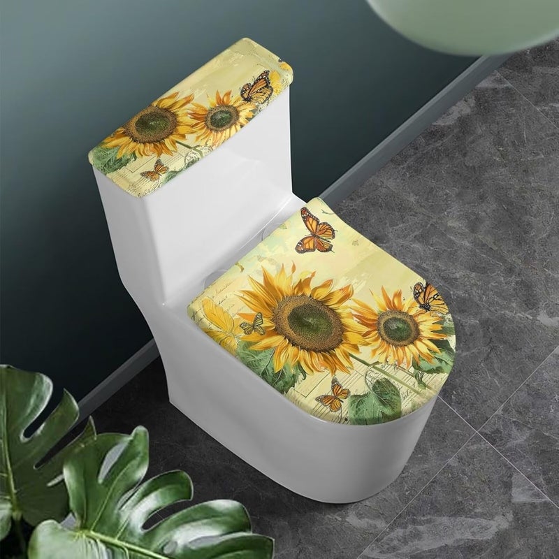 CREAMIC Sunflower Butterfly Toilet Lid Cover and Toilet Tank Cover Soft Plush Seat Covers Tank Lip Covers Fits Most Toilet Tanks & Lids Bathroom Decoration Accessories - Image 2